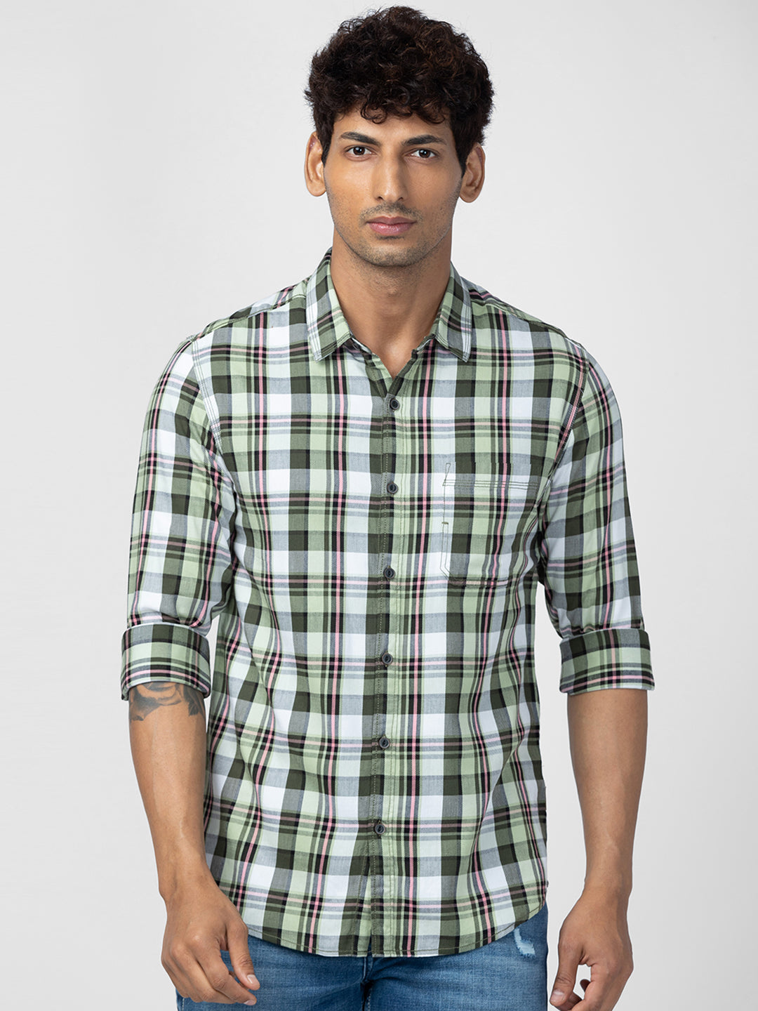 Men Olive Green Cotton Slim Fit Checkered Shirt
