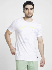 Men White Cotton Slim Fit Printed Round Neck Tshirt
