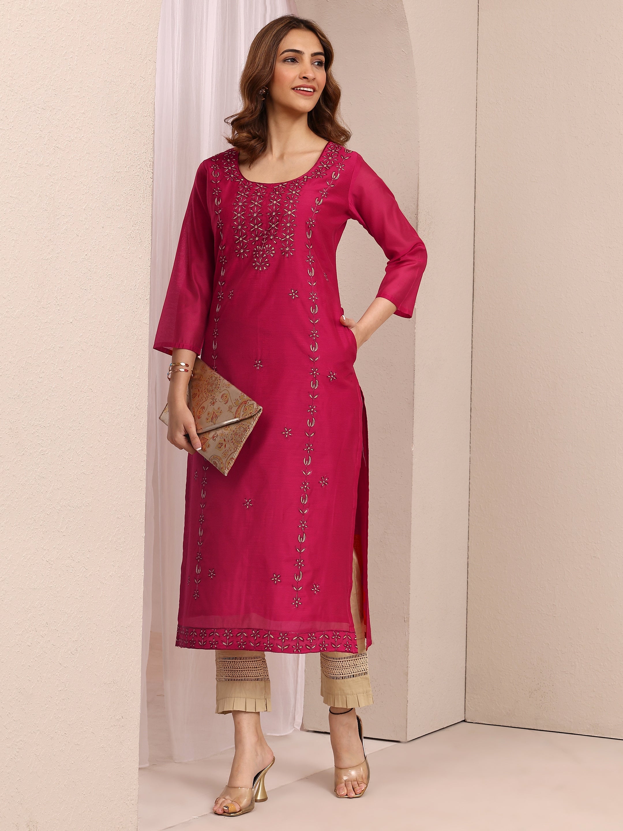 Pink Embroidered Chanderi Silk Straight Kurta