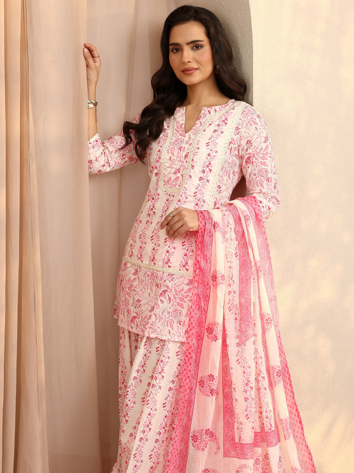 Libas ladies pink printed cotton kurti 2-piece set with matching dupatta, straight fit, stylish western wear for women.