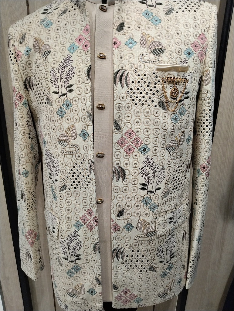 Contemporary Ivory Jodhpuri Coat With Multicolor Thread & Bird Motif Embroidery
