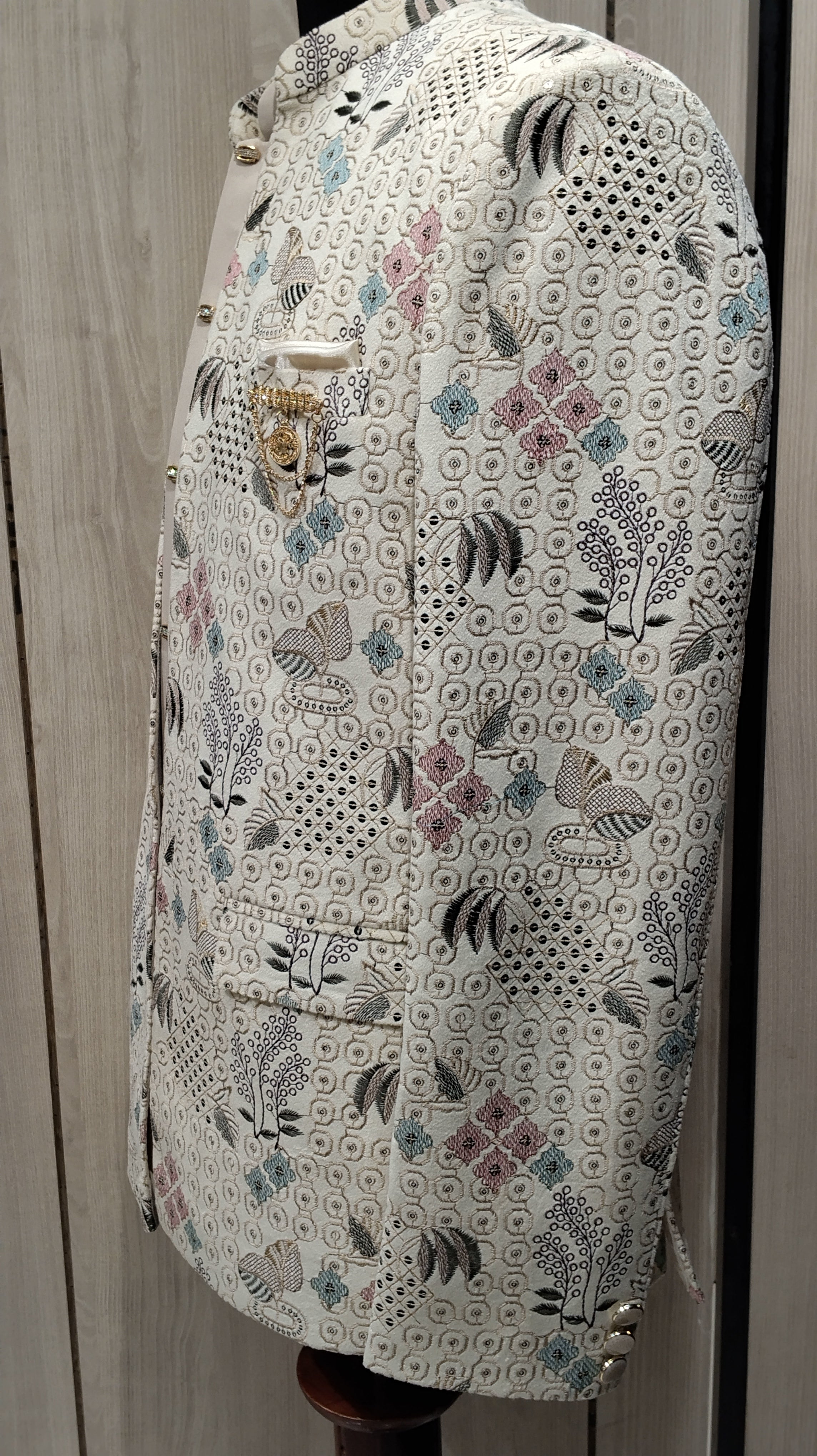 Contemporary Ivory Jodhpuri Coat With Multicolor Thread & Bird Motif Embroidery