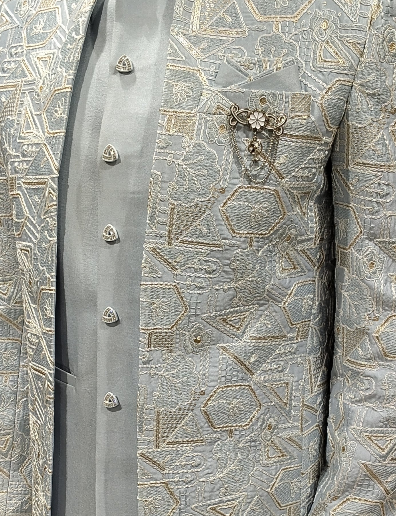Men'S Icy Blue Geometric Embroidered Jodhpuri Suit With Inner Vest