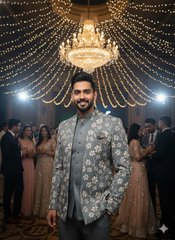 BLUE STAGE MENS COAT SUIT JODHPURI 3PCS SET 25228 GREY