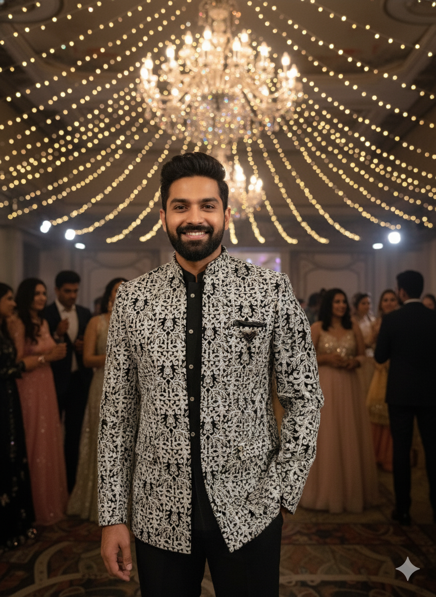 Luxurious Black Velvet Bandhgala Suit With Silver Zari And Floral Embroidery