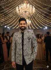 Luxurious Black Velvet Bandhgala Suit With Silver Zari And Floral Embroidery