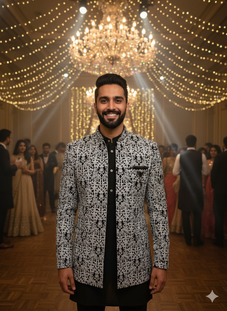 Luxurious Black Velvet Bandhgala Suit With Silver Zari And Floral Embroidery