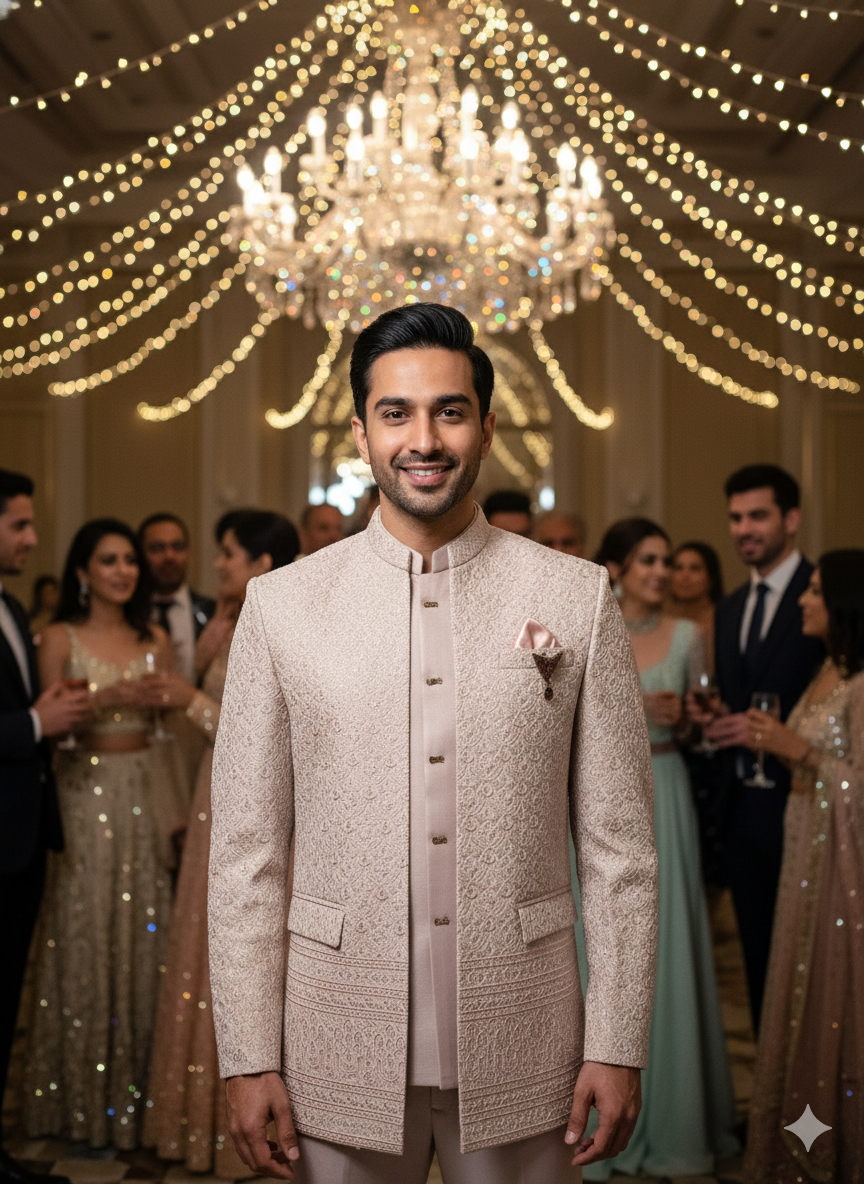 Men'S Dusty Rose Embroidered Bandhgala Suit Set - Ideal For Weddings & Receptions