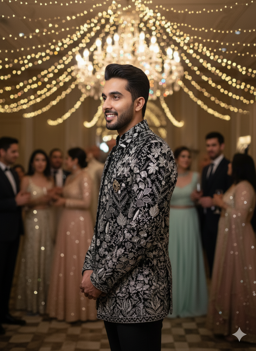 Men'S Ivory & Black Bandhgala Coat Suit