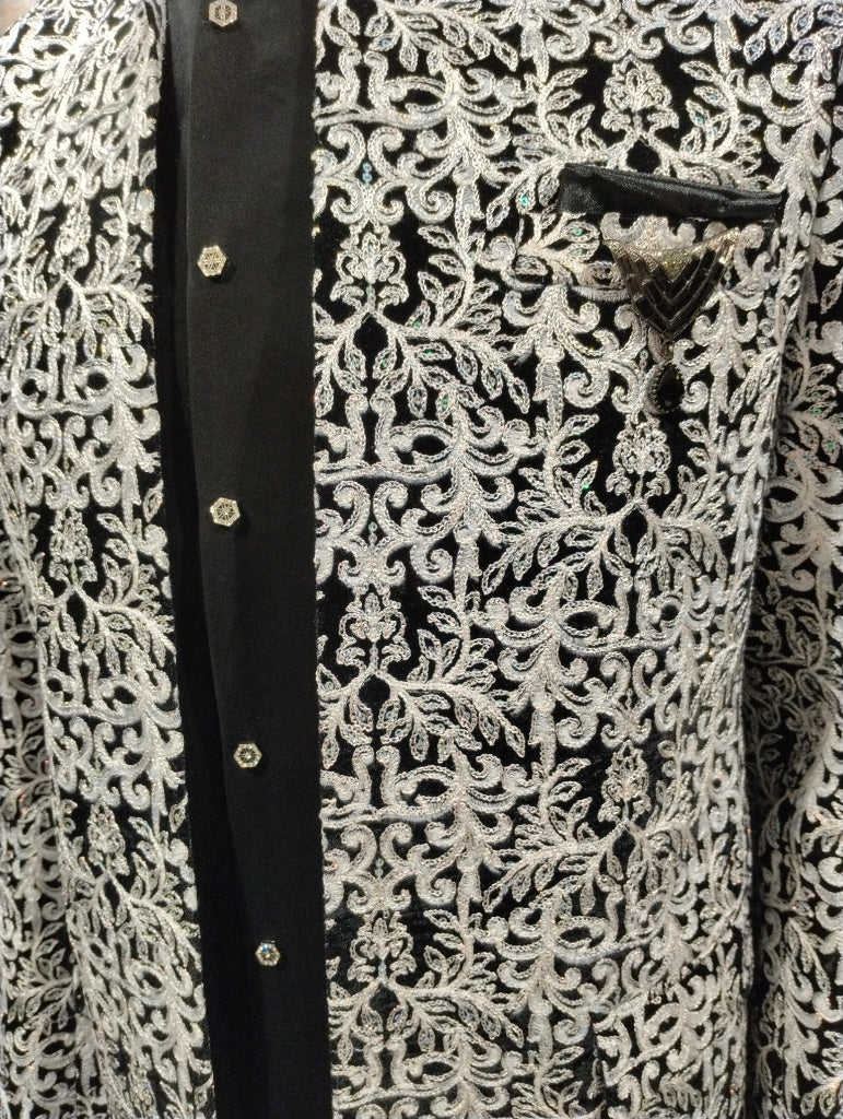 Luxurious Black Velvet Bandhgala Suit With Silver Zari And Floral Embroidery