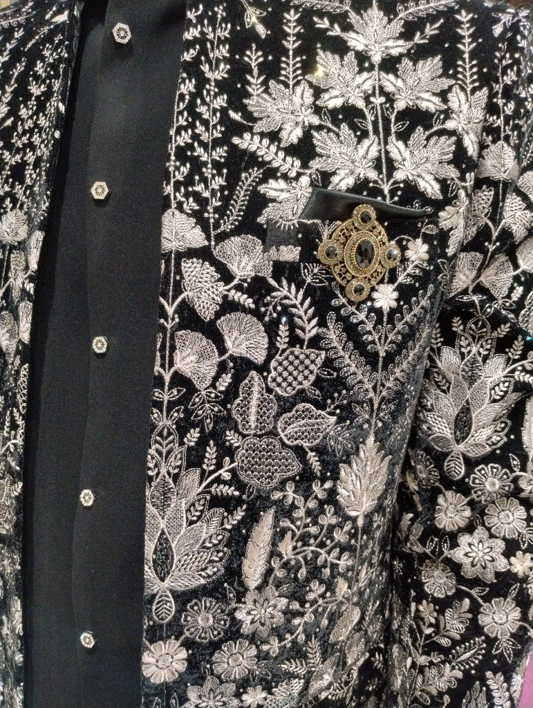 Men'S Ivory & Black Bandhgala Coat Suit