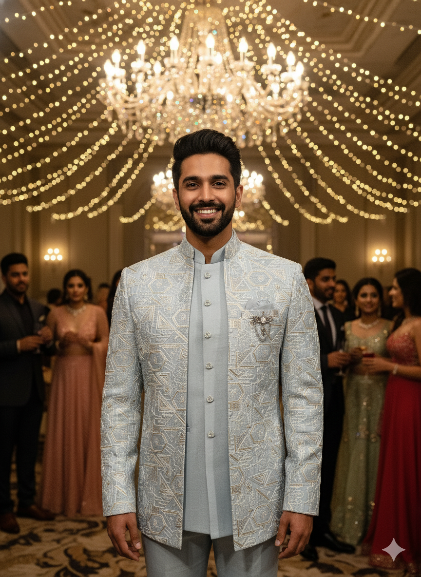 Men'S Icy Blue Geometric Embroidered Jodhpuri Suit With Inner Vest