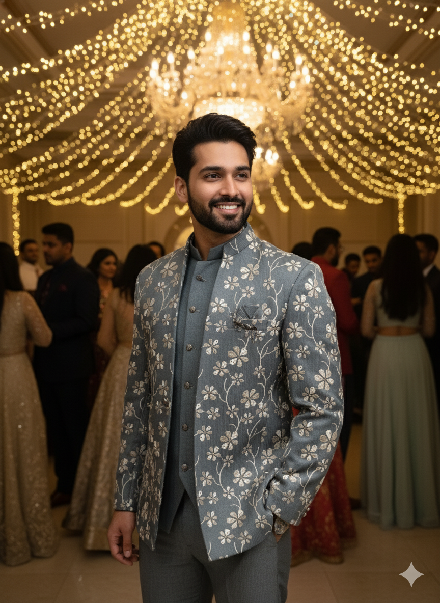 BLUE STAGE MENS COAT SUIT JODHPURI 3PCS SET 25228 GREY