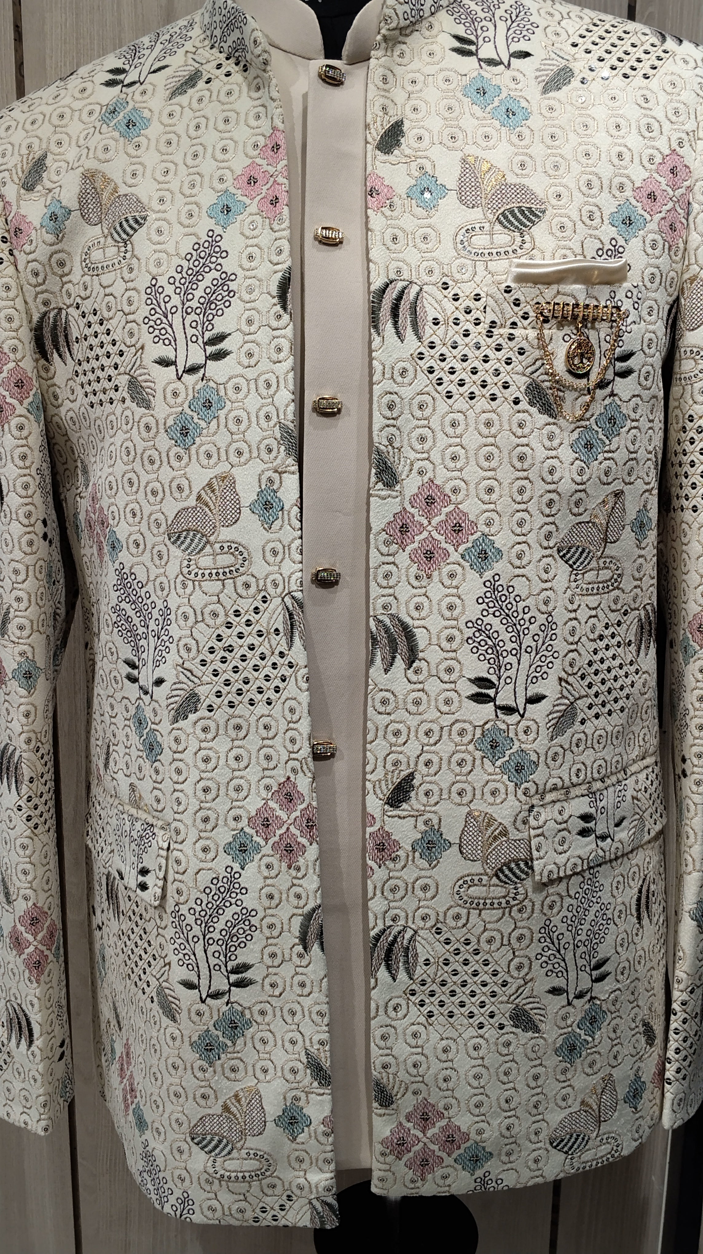 Contemporary Ivory Jodhpuri Coat With Multicolor Thread & Bird Motif Embroidery