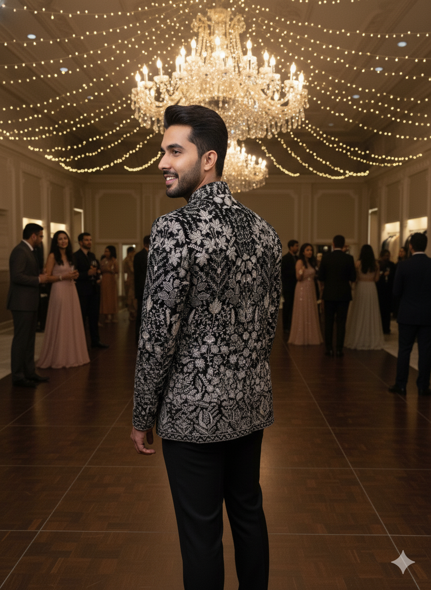 Men'S Ivory & Black Bandhgala Coat Suit