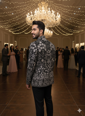 Men'S Ivory & Black Bandhgala Coat Suit