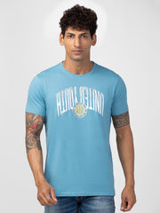 Men Haze Blue Cotton Regular Fit Half Sleeve Printed T-Shirt