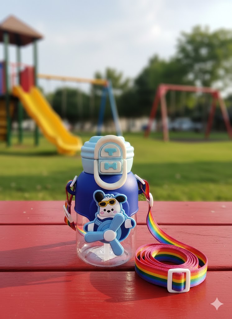 Cute Cartoon Kids Water Bottle With Straw & Sling Strap – Leak-Proof Bpa-Free (Blue)