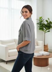 Grey High-Neck Wool Blend Top with Black Abstract Rose Design – Stylish Half Sleeve Knitwear for Women