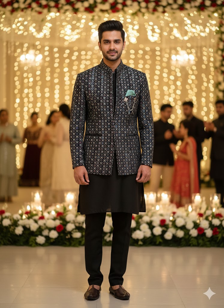 Classic 3-Piece Black & Blue Textured Indo-Western Set for Men