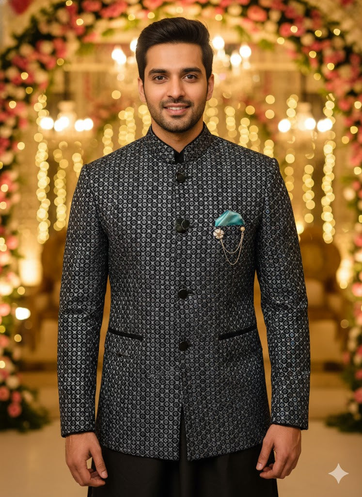 Classic 3-Piece Black & Blue Textured Indo-Western Set for Men