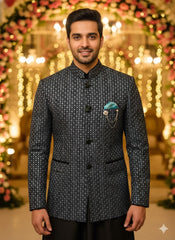 Classic 3-Piece Black & Blue Textured Indo-Western Set for Men