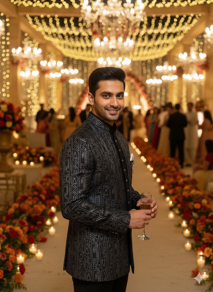 Black Metallic Embroidered 3-Piece Indo-Western Coat Set