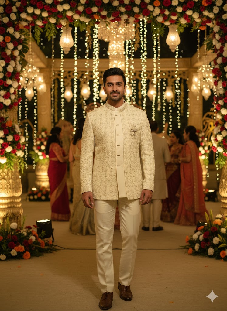 Elegant Ivory Embroidered Indo-Western Sherwani