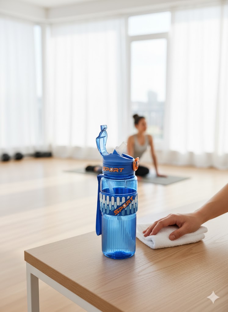 Blue Sports Water Bottle With Flip Cap & Straw (800Ml)