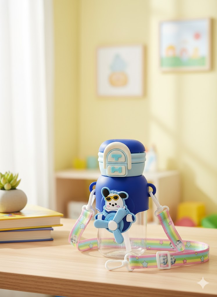 Cute Cartoon Kids Water Bottle With Straw & Sling Strap – Leak-Proof Bpa-Free (Blue)