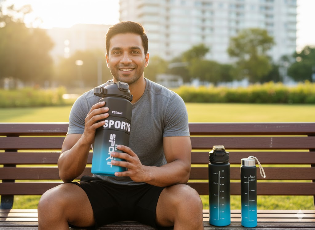 Black & Blue Gradient Sports Water Bottle Set – 2000Ml, 1000Ml & 500Ml Bpa-Free Leak-Proof Hydration Bottles With Straw & Measurement Scale