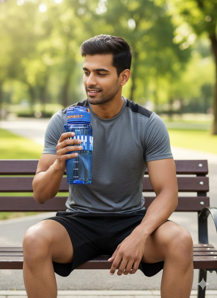 Blue Sports Water Bottle With Flip Cap & Straw (800Ml)