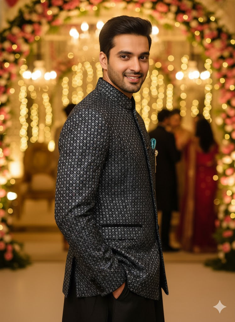 Classic 3-Piece Black & Blue Textured Indo-Western Set for Men