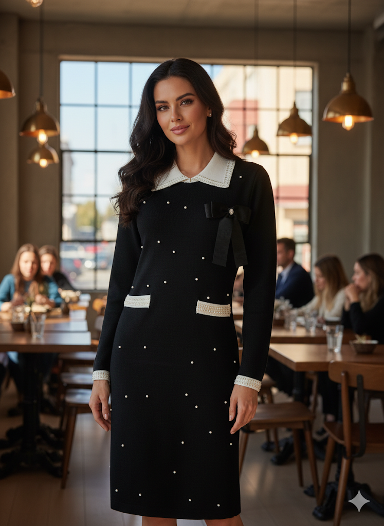 The Pearl Embellished Black Knit Dress with Contrast Collar