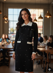 The Pearl Embellished Black Knit Dress with Contrast Collar