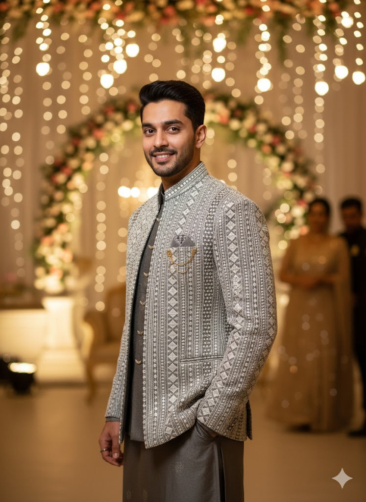 Silver-Grey Geometric Embroidered 3-Piece Set Indo-Western Set for Men