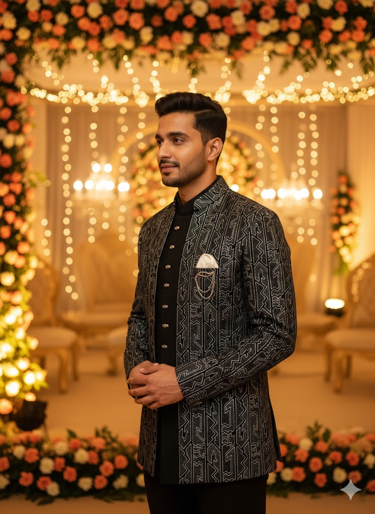 Black Metallic Embroidered 3-Piece Indo-Western Coat Set