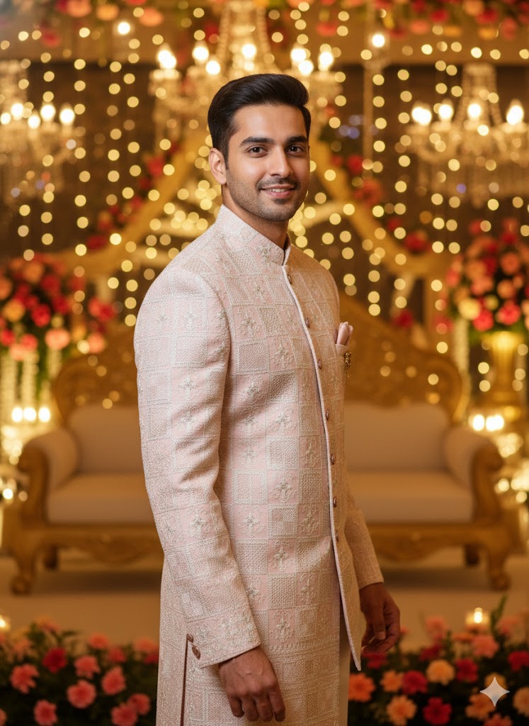 Dusky Rose Sherwani with Geometric & Floral Zari Work: Modern Opulence