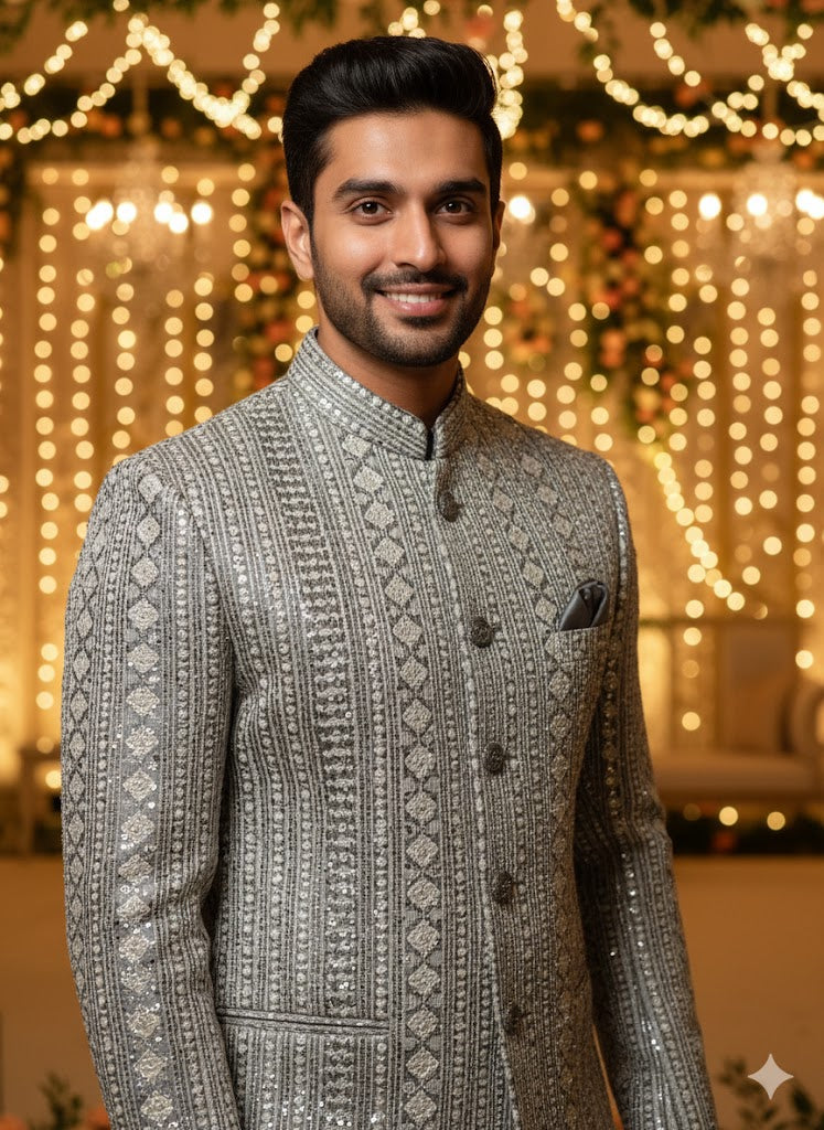 Silver-Grey Geometric Embroidered 3-Piece Set Indo-Western Set for Men