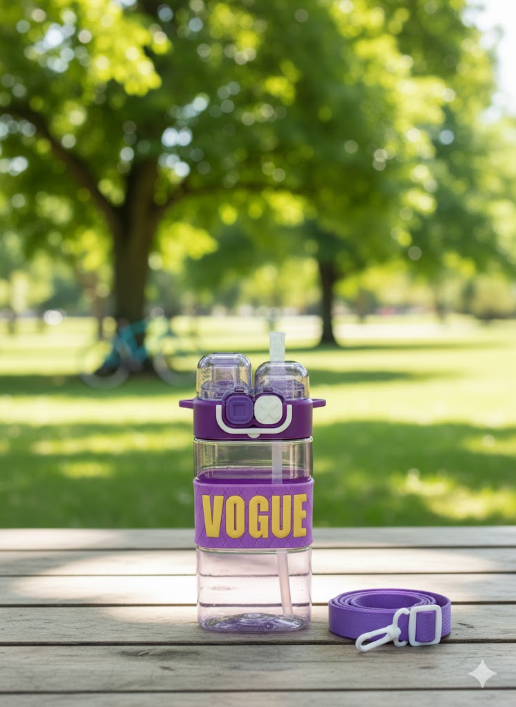 Stylish Vogue Water Bottle With Dual Lid & Strap – Leak-Proof Bpa-Free (Purple)