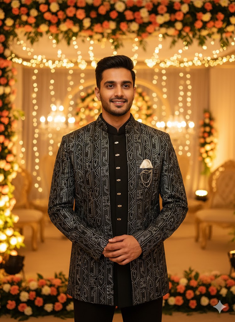 Black Metallic Embroidered 3-Piece Indo-Western Coat Set