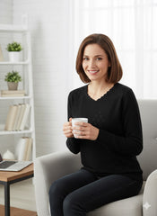 Black Scallop Neck Floral Embellished Sweater