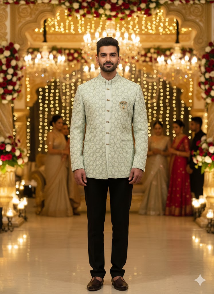 Pistachio Geometric Jodhpuri Set with Gold Accents