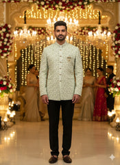 Pistachio Geometric Jodhpuri Set with Gold Accents