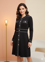 Elegant Black A-Line Dress with Gold Buttons & White Stitch Detailing – Premium Party & Office Wear