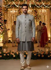 Silver-Grey Geometric Embroidered 3-Piece Set Indo-Western Set for Men