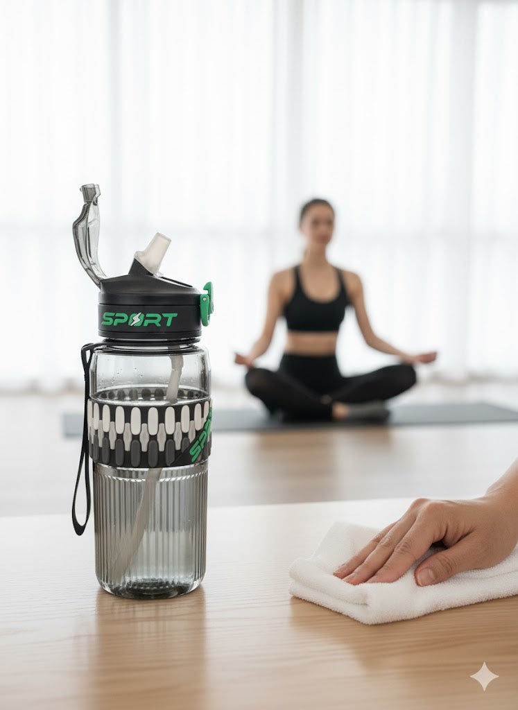 Black & Green Sport Water Bottle With Flip Cap And Straw (800Ml)