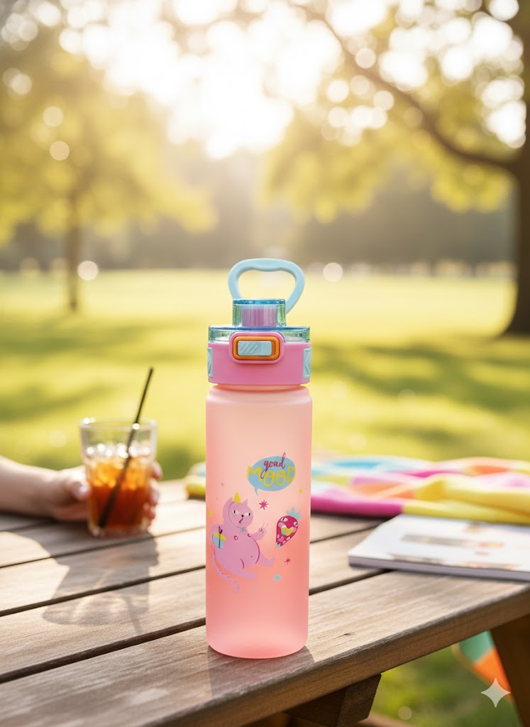 Kids “Good Mood” Cartoon Printed Water Bottle With Handle – Leak-Proof Bpa-Free (Pink & Blue)
