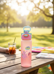 Kids “Good Mood” Cartoon Printed Water Bottle With Handle – Leak-Proof Bpa-Free (Pink & Blue)