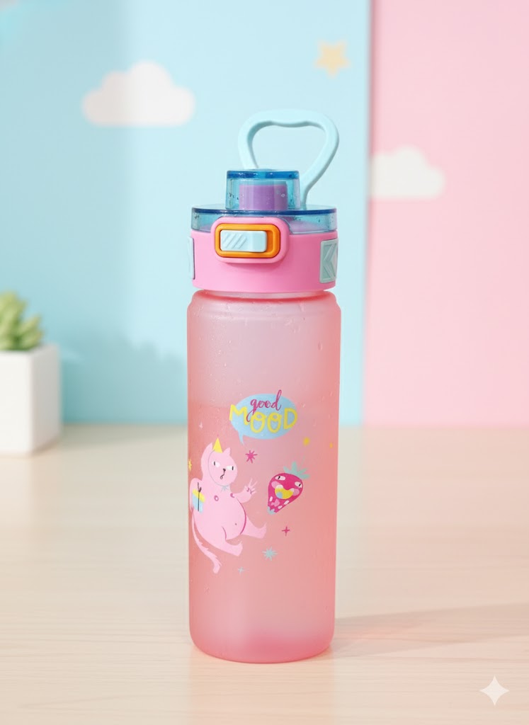 Kids “Good Mood” Cartoon Printed Water Bottle With Handle – Leak-Proof Bpa-Free (Pink & Blue)